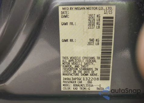 2016 Nissan Altima 2.5/2.5 S/2.5 Sl/2.5 Sr/2.5 Sv из США, поврежденный, VIN 1N4AL3AP3GC132208